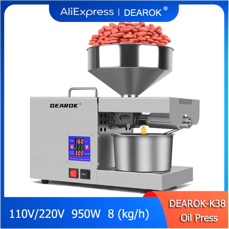 DEAROK-K38 Stainless Steel Oil Press Machine 950W Oil Extraction Machine for Avocado Coconut Castor Flax Peanut Sunflower