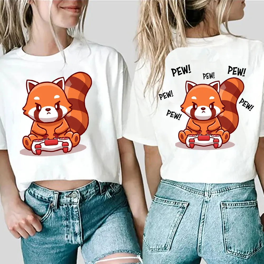 

Футболка женская двухсторонняя с коротким рукавом, забавный топ с принтом Красной панды для игр и видеоигр, модная одежда в стиле аниме, Y2k