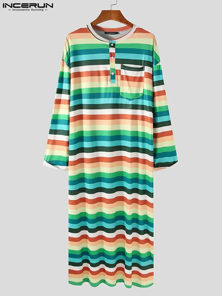 Long Sleeve O Neck Comfy Sleep Robes INCERUN Men's Colorful Striped Sleep Robes Spring Man Casual Button Homewear Gown Plus Size