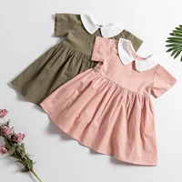 new girls dress solid color cotton and linen childrens short sleeved contrast color collar princess skirt