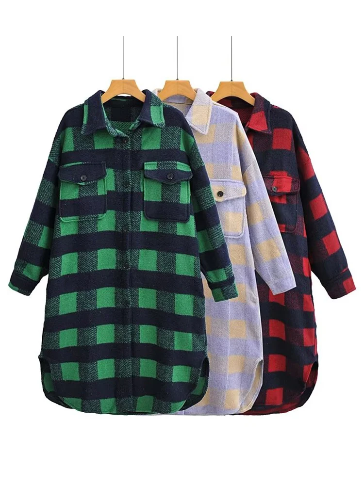 

YENKYE Women 2022 Vintage Oversize Plaid Woolen Coat Long Sleeve Pockets Female Autumn Winter Overcoat