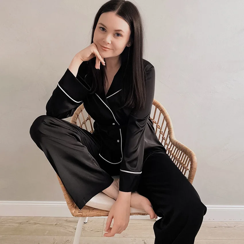 Designer Pajamas Female Women Two Pieces Pajamas Set Spring Autumn Winter Satin Soft Pyjamas Pijamas Sleepwear Set