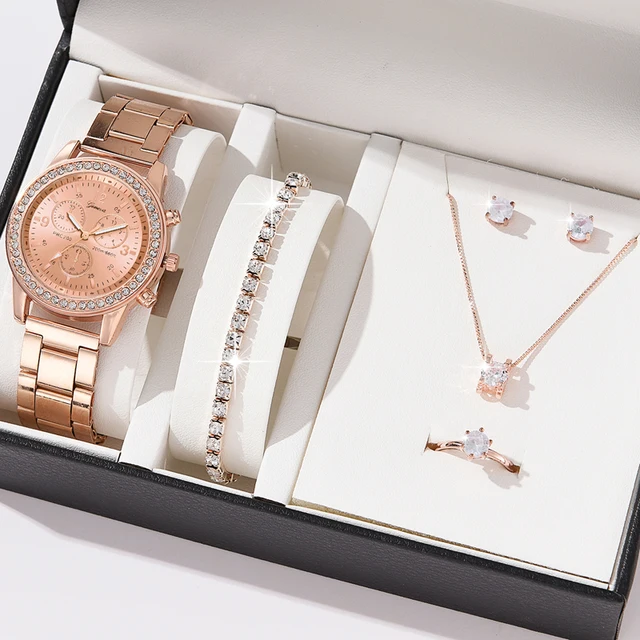 6PCS Set Luxury Women's Watch Ring Necklace Bracelet Earrings Rhinestone Wristwatch 2