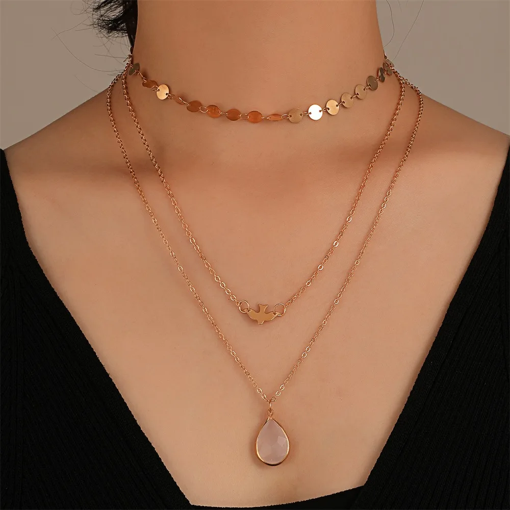 

Fashion Small Round Sequin Chain Peace Dove Bird Droplet Pendant Multi-Layer Choker Necklace Women'S Accessories Wholesale