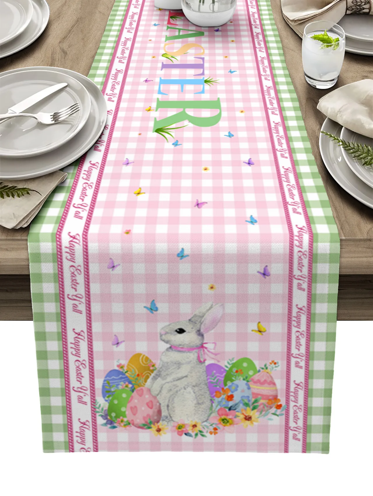

Пасхальный декор 2023, Пасхальный кролик, цветок, Бабочка, розовый клетчатый стол, свадебное украшение, коврик для кухонного стола салфетка, с...