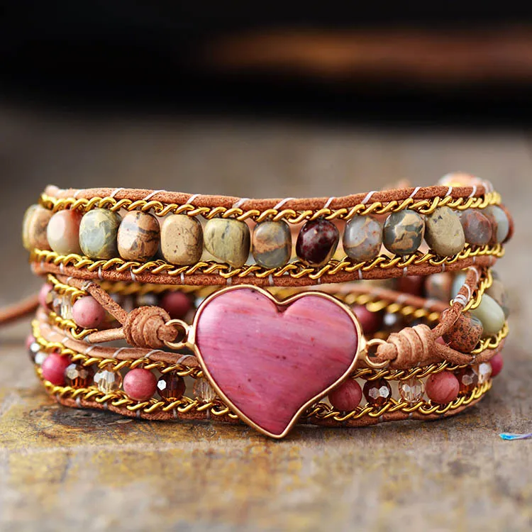 

Bohemian Red Heart Shape Wrap Leather Bracelets for Women Stone Handmade Braided 3 Layer Leather Chain Fashion Jewelry