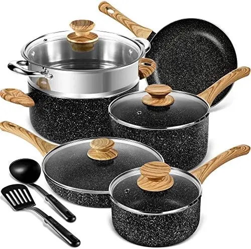 

and Pans Set Nonstick, Granite Cookware Set 12 Pcs Non Toxic Cookware Set Induction Compatible, Black Granite Pots and Pans Set