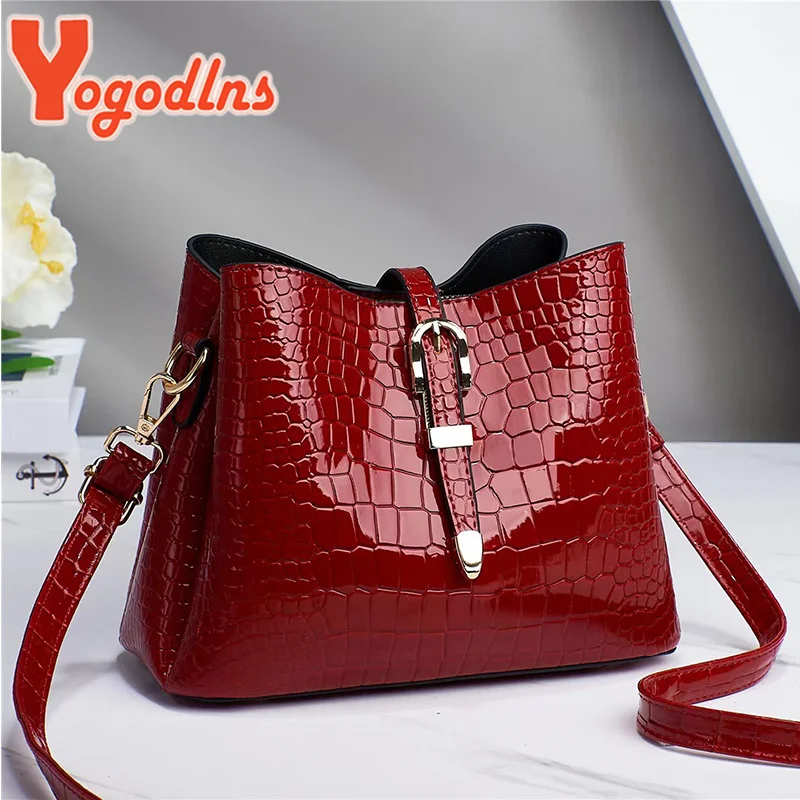 

Crocodile Pattern Buckett Bag for Women Crossbody Bag Patent Leather Shoulder Handbag Designer Crossbody
