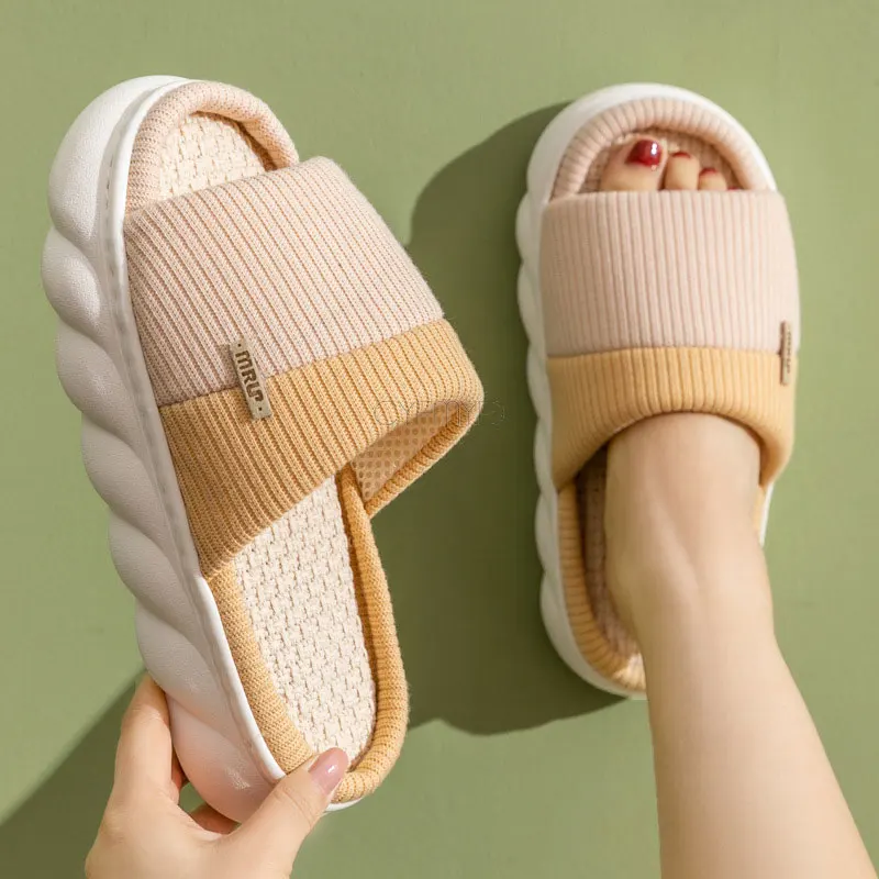 Striped Flax Slippers Women Home Open Toe Platform Slide Woman Slippers Cotton Linen Indoor Slippers Female Simple Winter Shoes