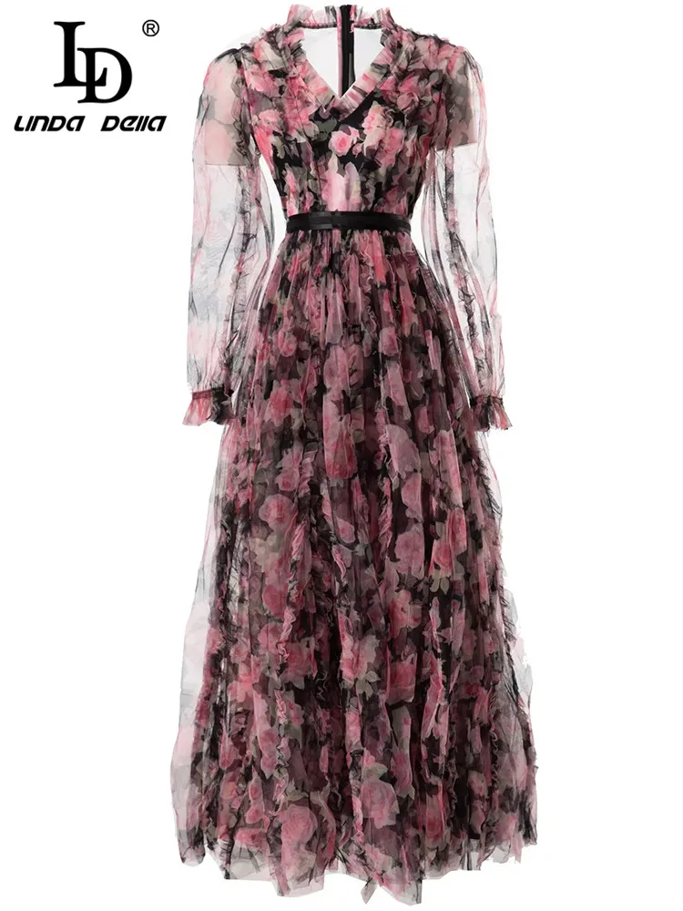 LD LINDA DELLA Spring Runway Fashion Dress Women's V-neck Ruffles Mesh Floral Print Long sleeve Vintage Party Midi Dress