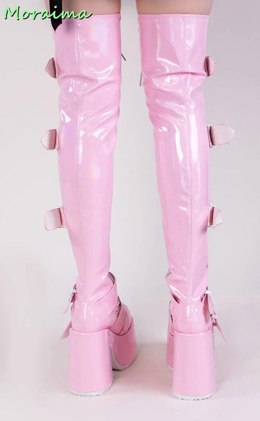 Belt Buckles Platform Thigh High Boots Front Lace Up Patent Leather Pink Solid Block Chunky Heel Fashion Women Shoes Winter 2022
