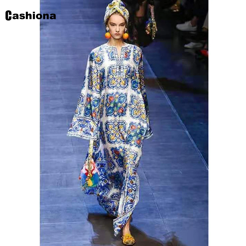 

Cashiona Women 2022 Maxi Dress Flare Sleeve Vintage Flower Print Robe Latest Street Dresses Summer Femme Long Straight Dress