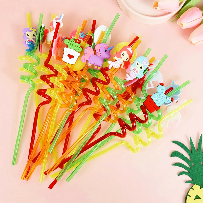 

4pcs Reusable Unicorn Mermaid Flamingo Straws Cartoon Fruit Plastic Drinking Straws for Kids Birthday Party Baby Shower Supplies