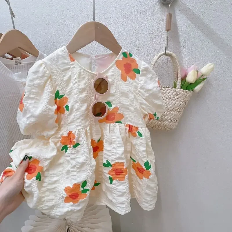 

Летние Новые Детские платья для девочек, платье принцессы с коротким рукавом и цветочным принтом, Корейская одежда для маленьких девочек, милая детская одежда