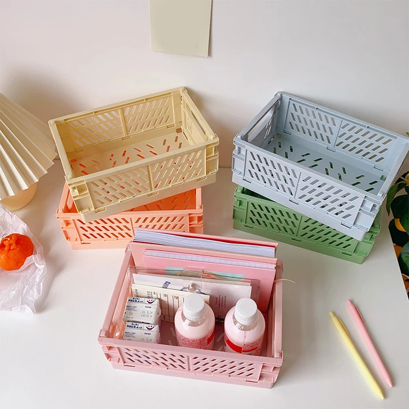 

Ins Desktop Plastic Storage Baskets Organizer Box Folding Stackable Toy Storage Basket with Handle Bathroom Storage Box Basket