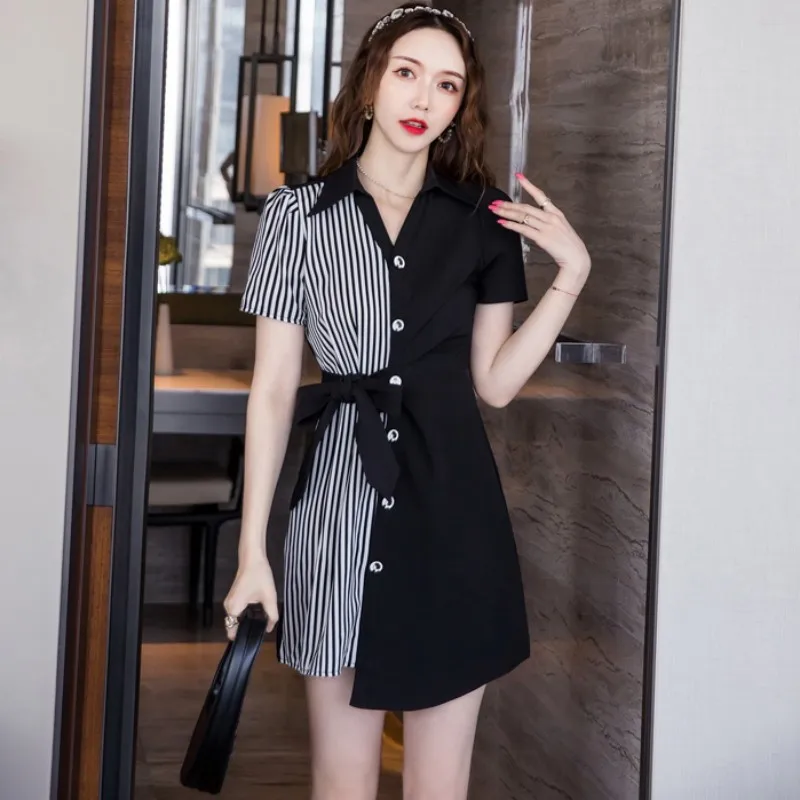 

Платье-поло в полоску, однобортное асимметричное с поясом, весна-лето 2023