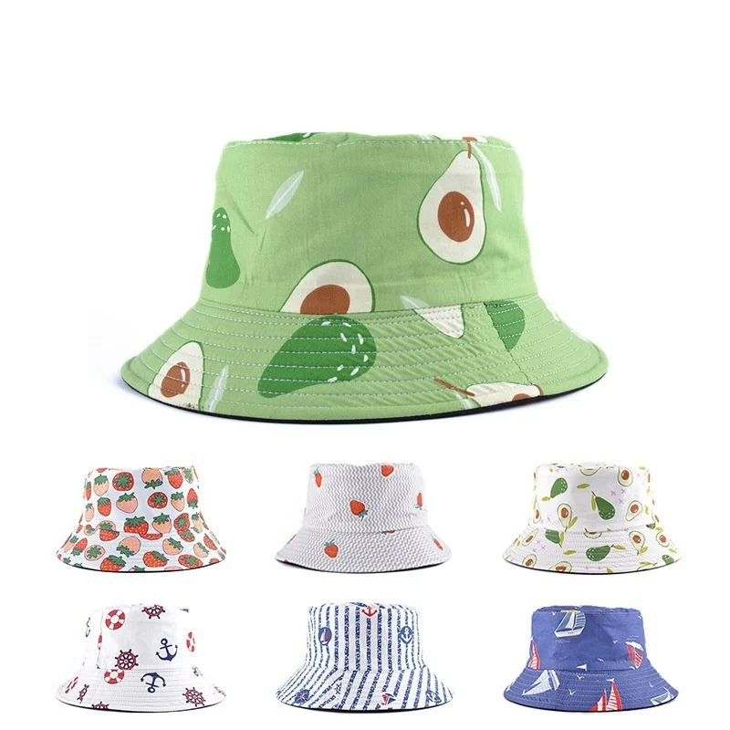 

New 2022 Print Double-sided Fisherman Hat Basin Hat Fruit Hat Summer Visor Folding Fishing Bucket Hat