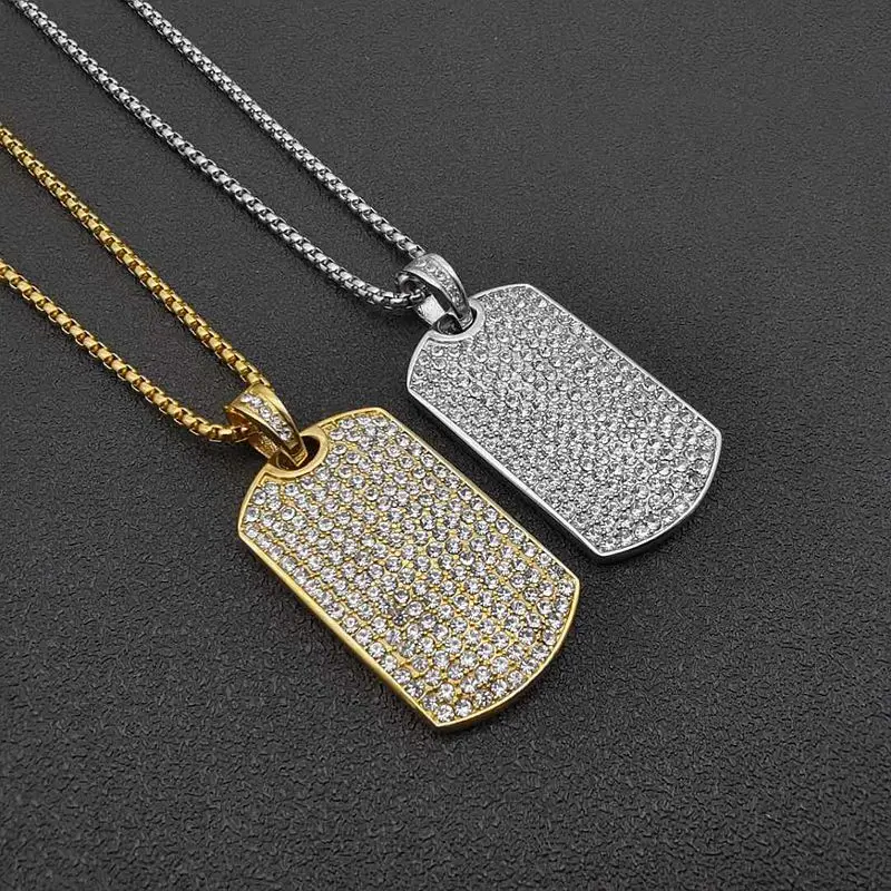 

Stainless Steel Geometric Square Dog Tag Pendant Necklace Full Rhinestone Paved Bling Iced Out Men Hip Hop Rapper jewelry Gift