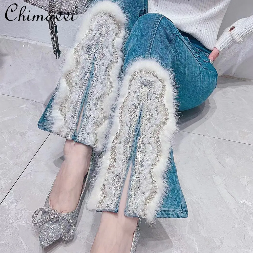

Jeans for Women Winter New Korean Style Sweet Beads Mink Fur Stitching Slit Hemline At Hem Bootcut Trousers Fashion Denim Pants