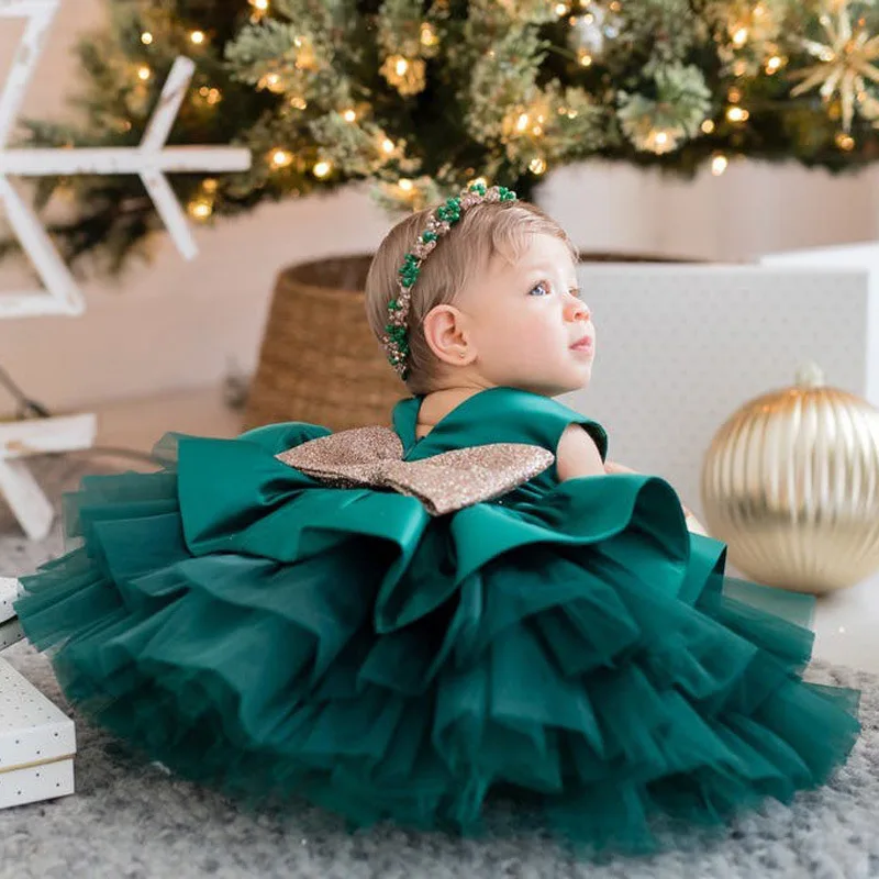 

Toddler Baby Birthday Baptism Dresses for Girls Green Backless Christmas Princess Party Ball Gown Bow Cute Kids Communion Dress