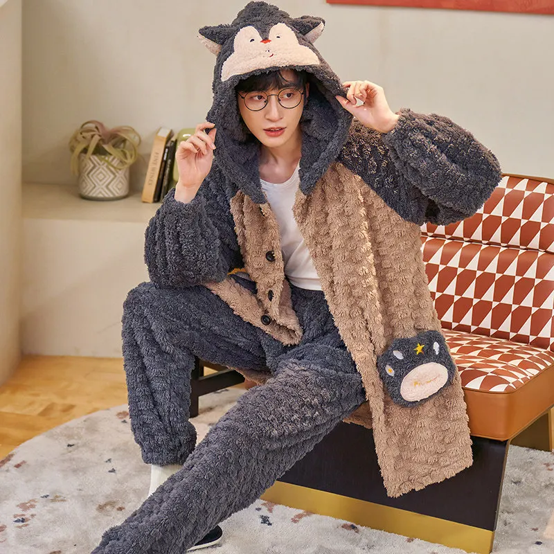 FUNISHI Men Sleepwear Plus Size 4XL Winter Pajamas Flannel Loose Version Inspissate Pullover Nightgown Coral Fleece Pajama Set