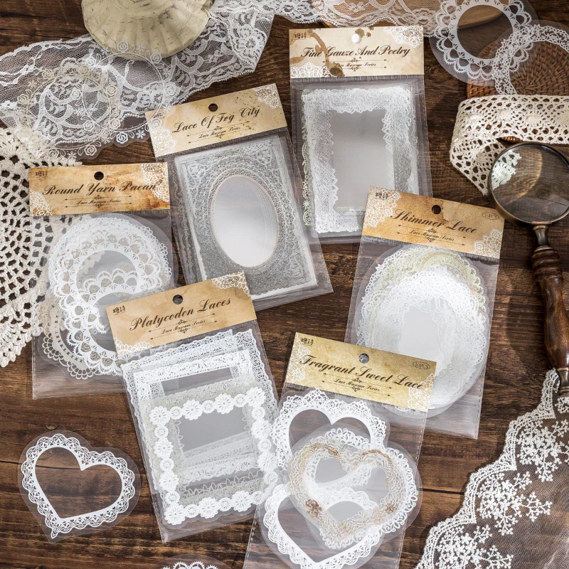 

10pcs PVC Transparent Stickers Lace Series Stationery Sticker Retro Frame Scrapbooking Material Label Diary Junk Journal Planner