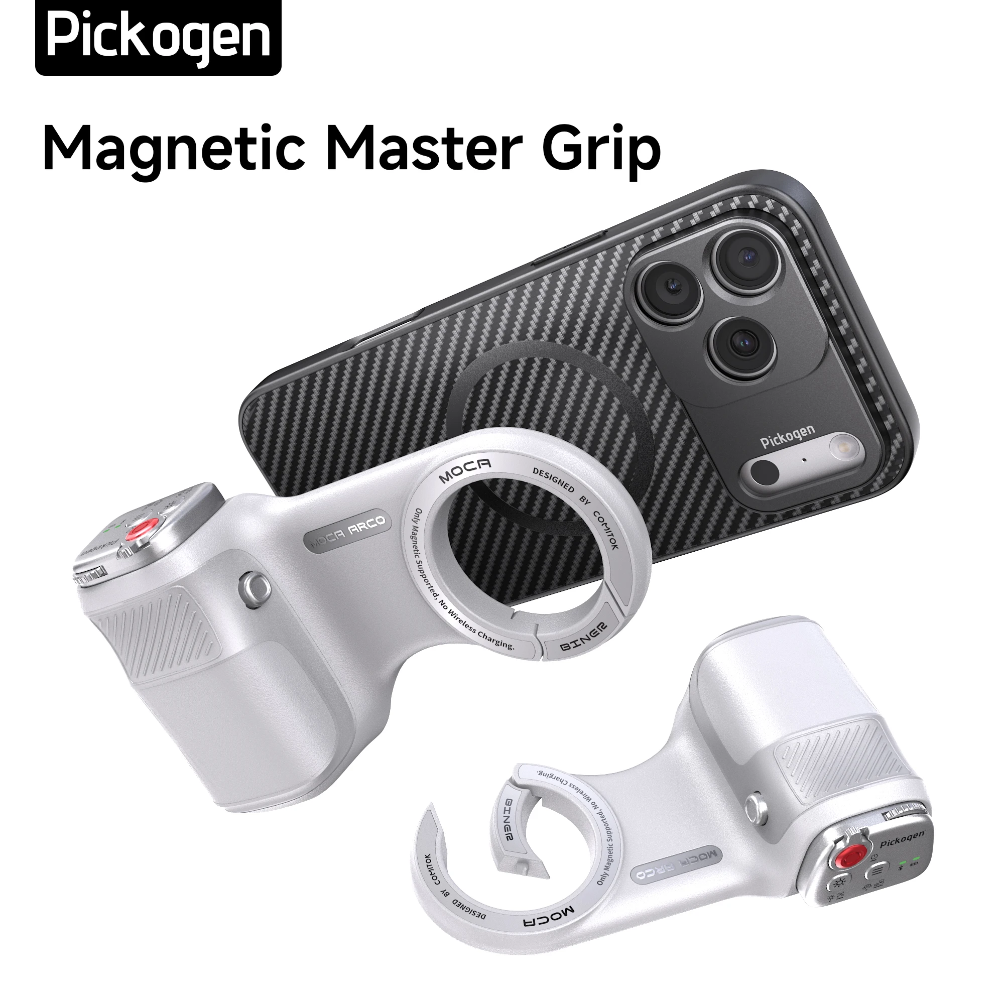 Фото Магнитный держатель PICKOGEN для iPhone 16/17 Pro Max: съемная ручка для камеры с креплением на резьбу 17 мм и чехлом для телефона №1