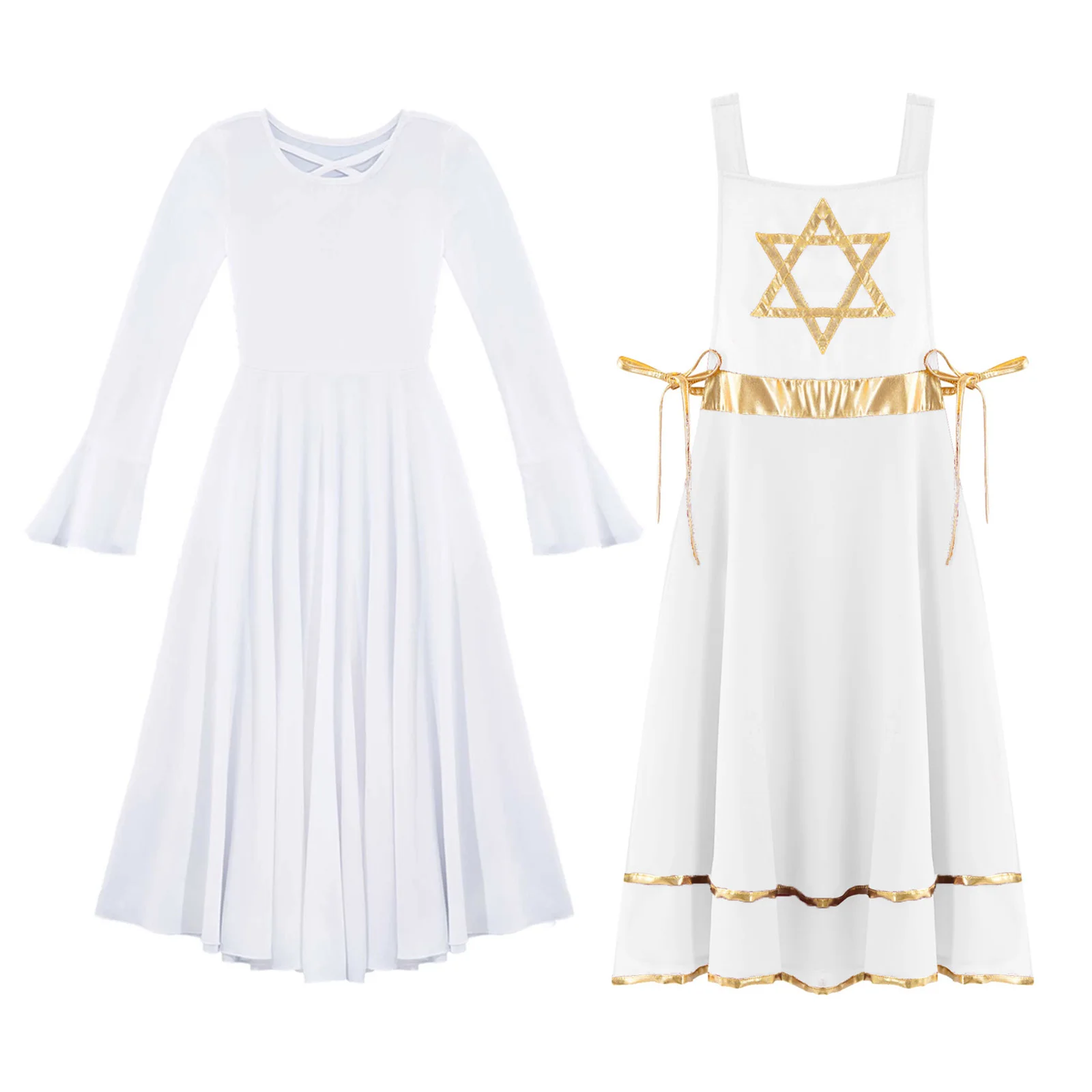 Children Girl Praise Lyrical Dance Dress Church Choir Liturgical Worship White Gown with Lace-Up Tunic Stage Performance Costume