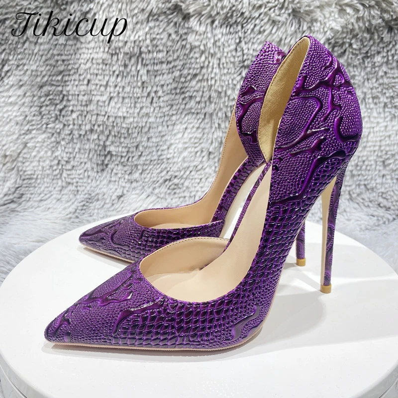 

Tikicup 3D Purple Crocodile Effect Women Side Cut Pointy Toe High Heel Shoes Sexy D'Orsay Slip On Party Dress Stiletto Pumps