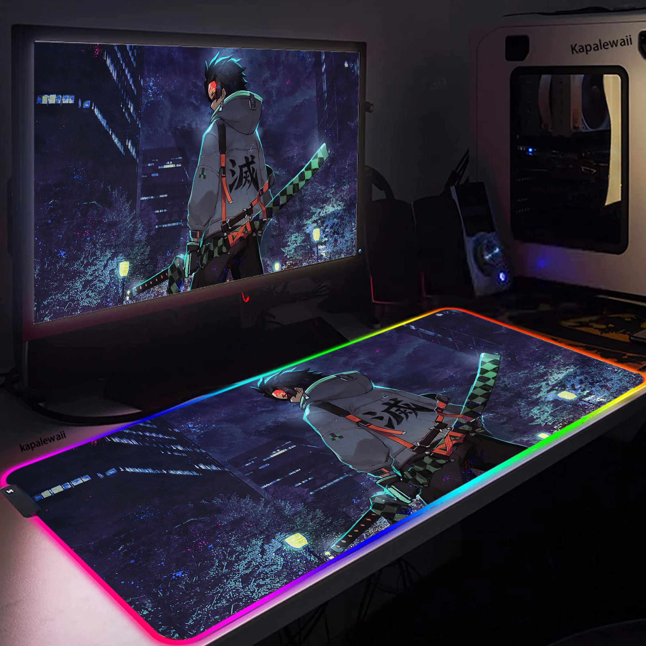 

Demon Slayer RGB Mouse Pad Large Gaming Mousepad Mause Computer Gamer Keyboard Desk Backlit Mat LED Kimetsu No Yaiba Mausepad