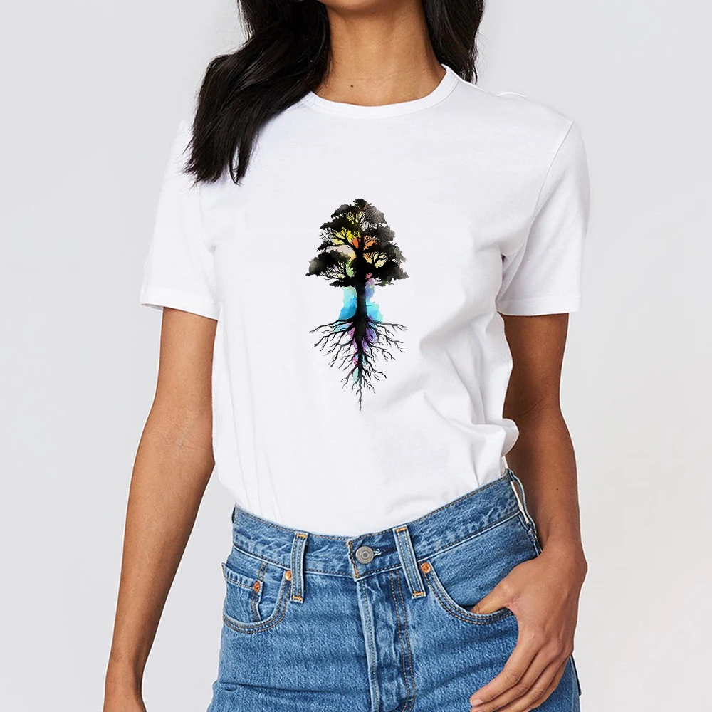 

New Arrival Short Sleeves Women T-Shirts Summer Harajuku Vintage Shirts White Fashion Streetwear Tree Design Printed Clothes