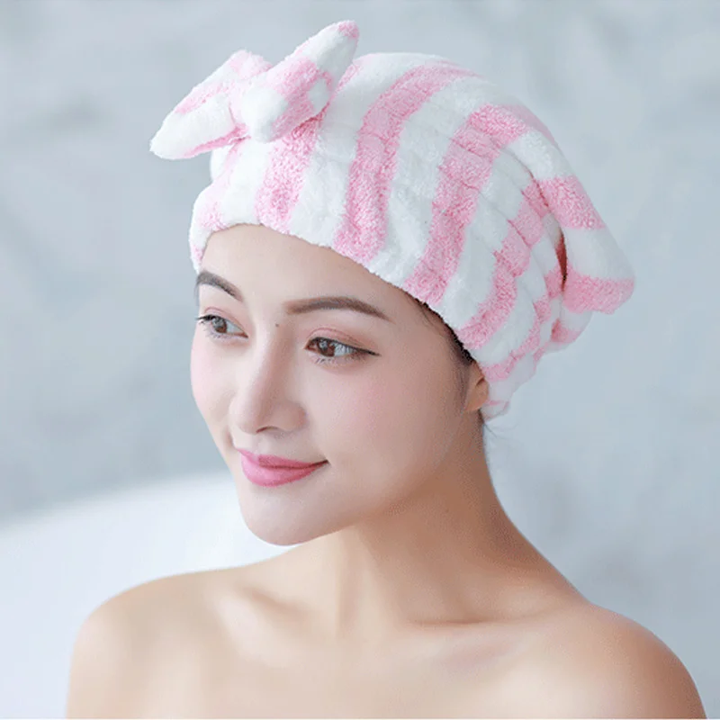 

Bowknot Dry Hair Towel Quick-Drying Hair Cap Shower Cap for Women Striped Pattern Super Absorbent Bath Accessories Hair Bonnets