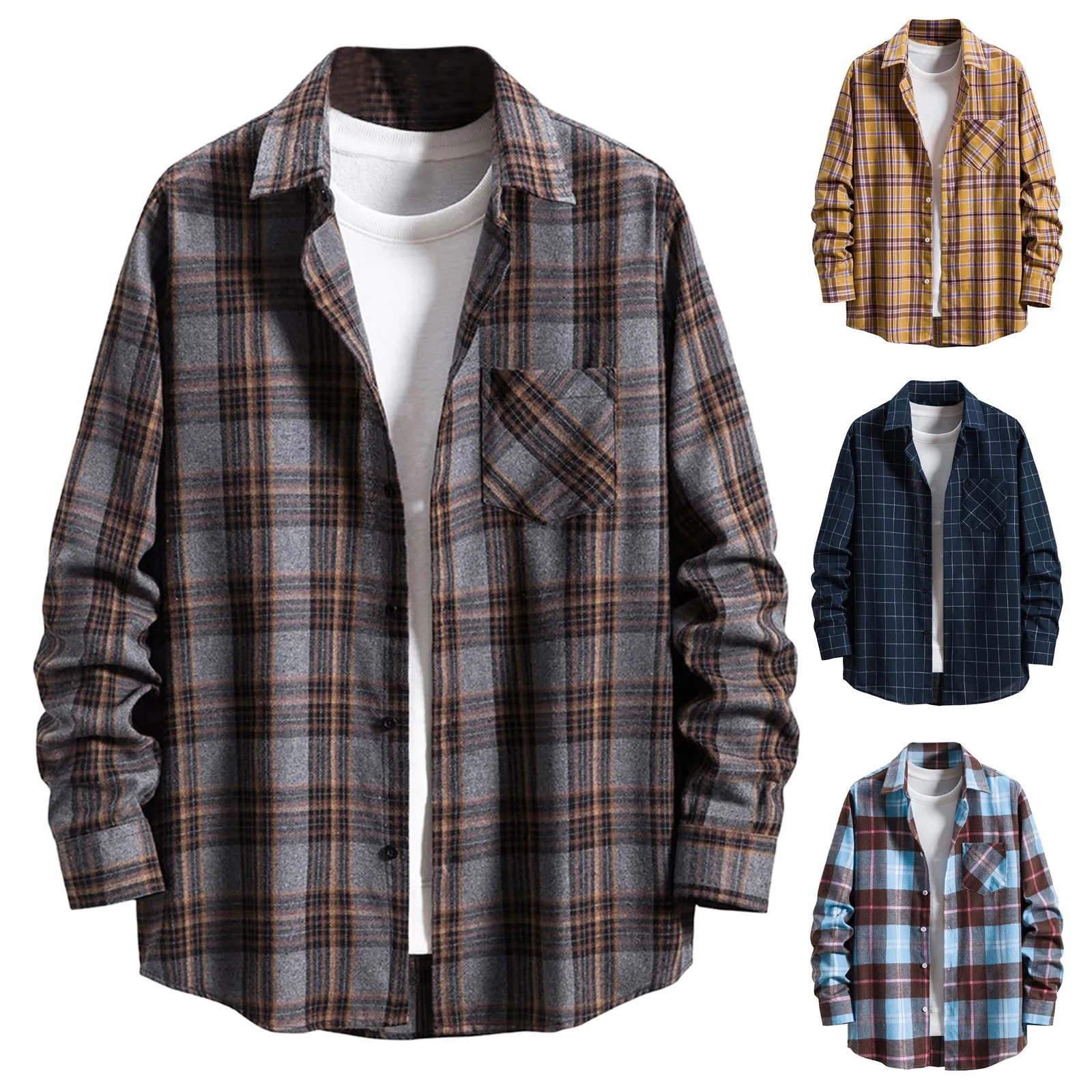 

Men's Casual Plaid Shirt Lapel Button Down Shirt With Pocket Fall Colored Mens Shirts