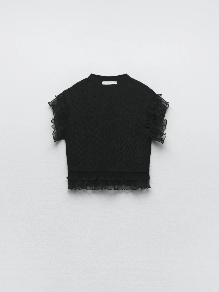 

ZABA ZAR Women's New Ruffled Cable Knit Top Sleeveless Round Neck Top Black Layered Folds Decorated Eight-Shaped Knitted Vest