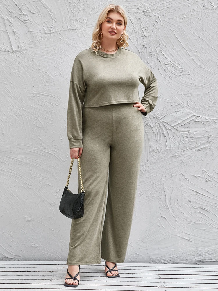 

Спортивные костюмы ZJFZML ZZ размера плюс из двух предметов, повседневная простая укороченная футболка с круглым вырезом и длинным рукавом и широкие брюки с высокой талией для офисных дам