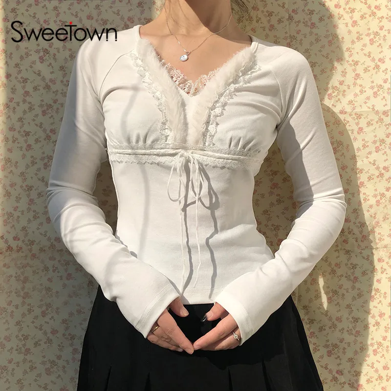 Женская футболка с длинным рукавом кружевной отделкой