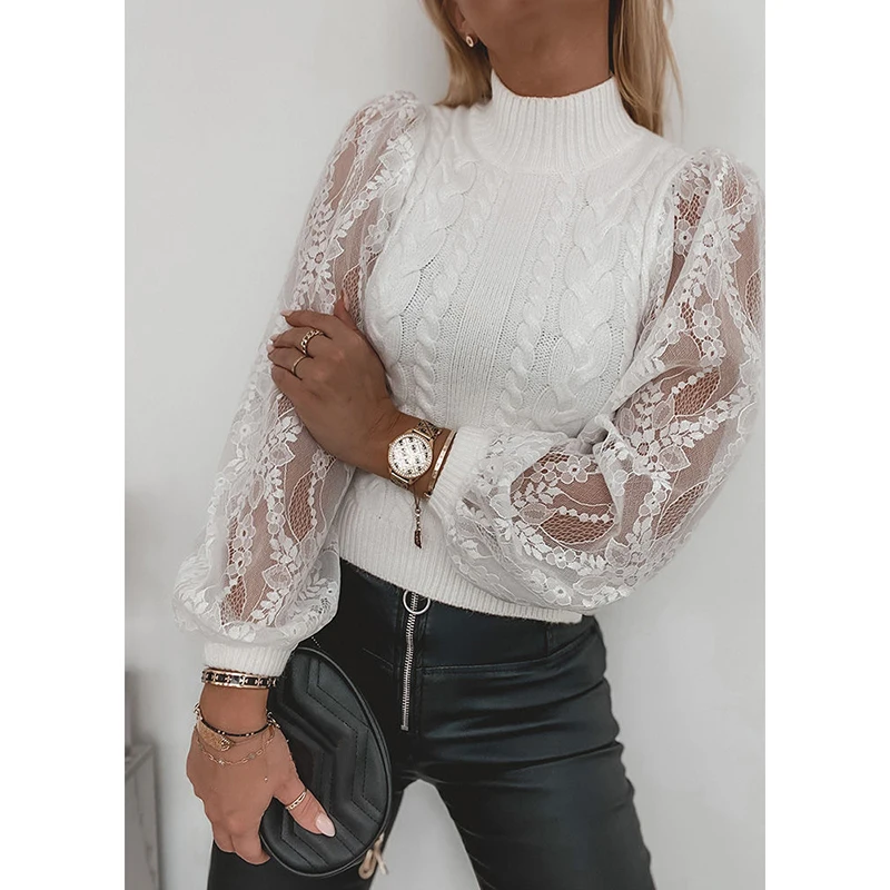 

2022 Spring Turtleneck Twist Fashion Sweater Stitching Knitted Pullover Top Women New Autumn Lantern Sleeve Hollow Lace Sweaters