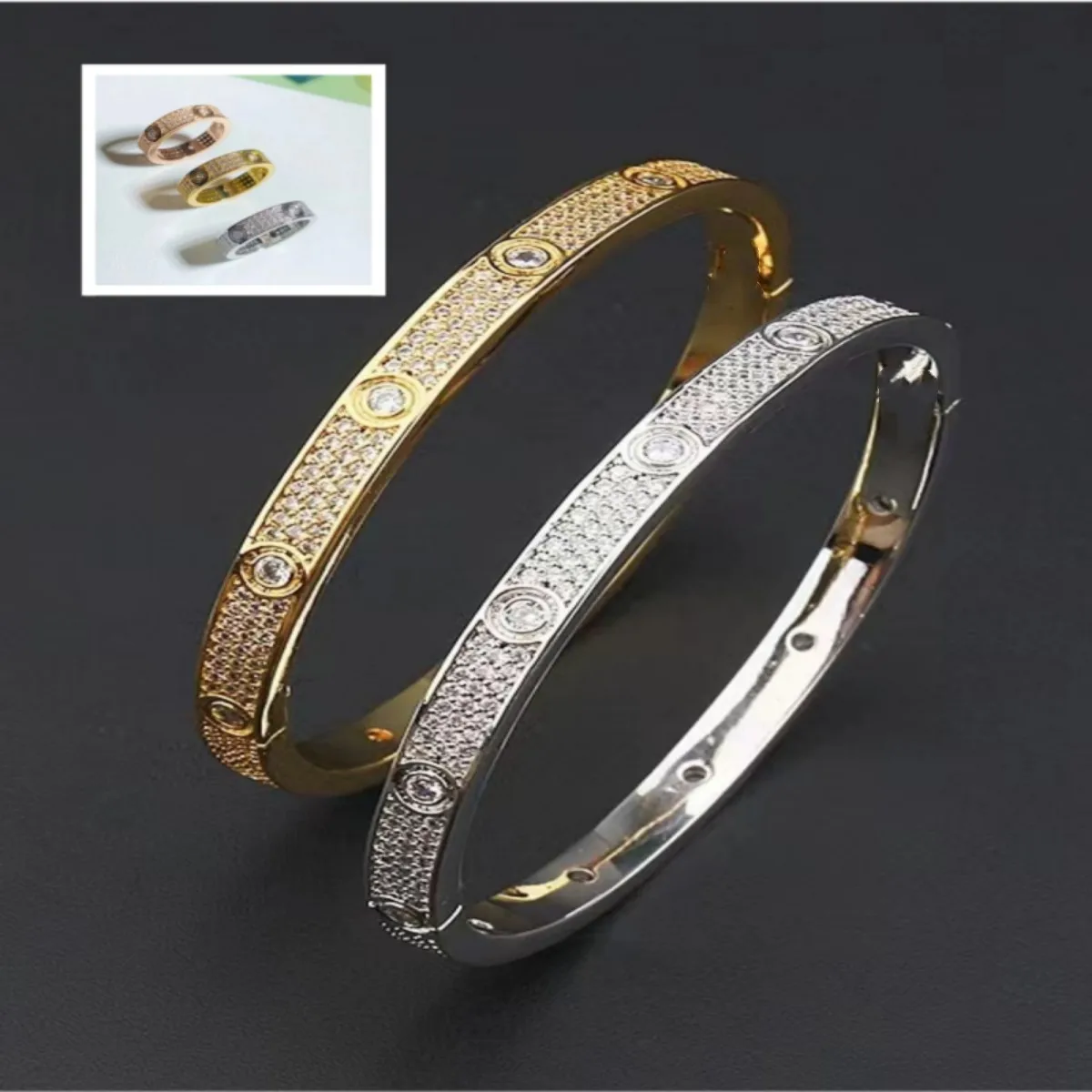 

Classic Round Three Row Diamond Men's Electroplated Gold Bracelet High Quality Women's Silver Zircon Ring Wedding Gift