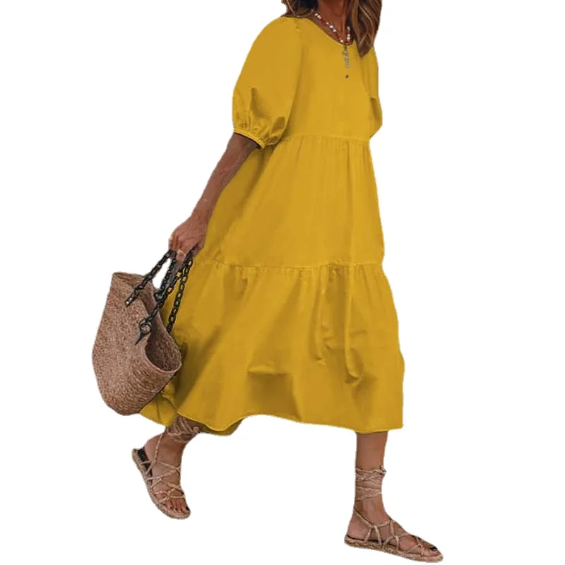

Sundress Women Solid Color Summer Loose Short Sleeve Swing Party Long Dresses Female Beach Casual Robe Dress Elegant Vestidos