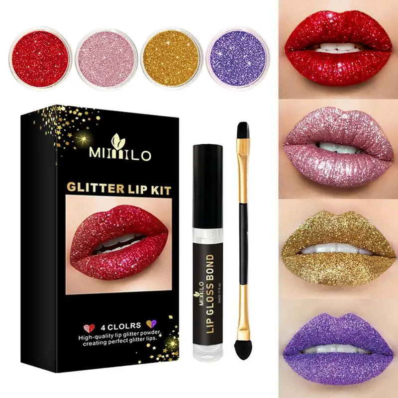 

Glitter Lip Gloss 4Colors Glitter Powder Diamond Shimmer Long Lasting Waterproof Makeup Lips Gloss Lipstick Glitter Powder