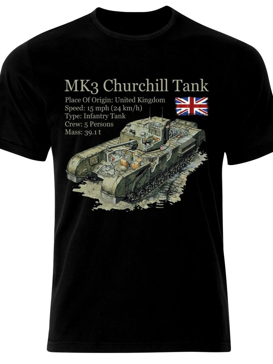 

WWII British Armoured Forces MK III Churchill Tank T-Shirt 100% Cotton O-Neck Summer Short Sleeve Casual Mens T-shirt Size S-3XL
