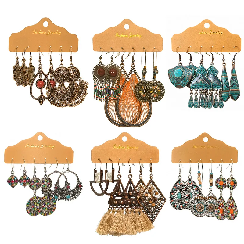 

Ethnic Earrings Set for Women Vintage Red Green Tassel Dangle Drop Earring Personality Geometry Big Boho Jewelry Accessories