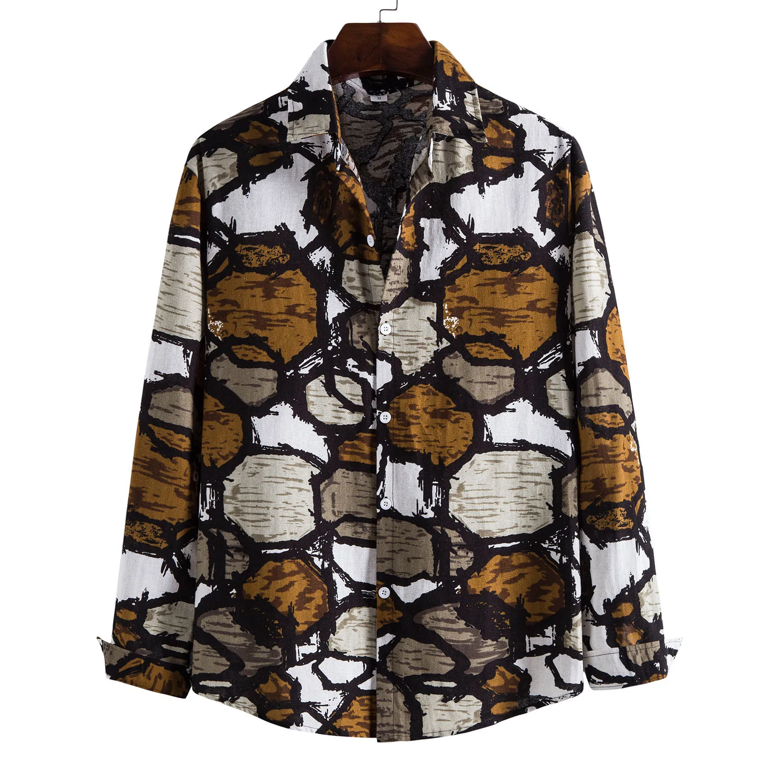 

Men Autumn Winter Geometric Print Turn-Down Collar Fashion Single Breasted Long Sleeve Classic Blouse Shirt Shirts for Tall Men