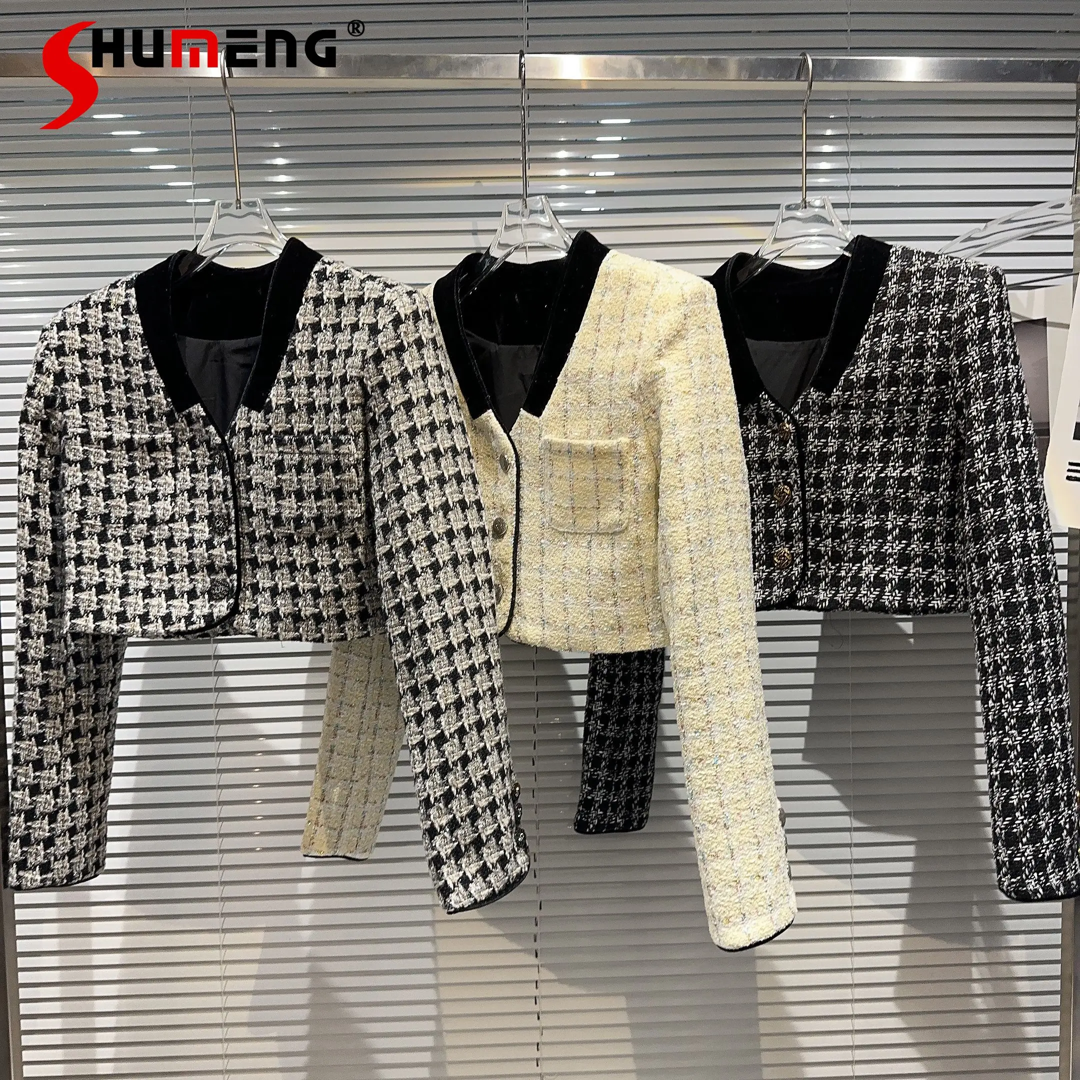 

Elegant Velvet Collar Edge Tweed Cropped Jackets for Women 2023 Autumn New Office Ladies Loose Plaid Padded Shoulder Short Coat