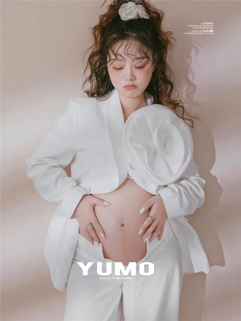 Women Photography Props White Suits Maternity Full Sleeves Blazer with Big Flower Pants 3pcs Pregnancy Studio Shooting Clothes enlarge