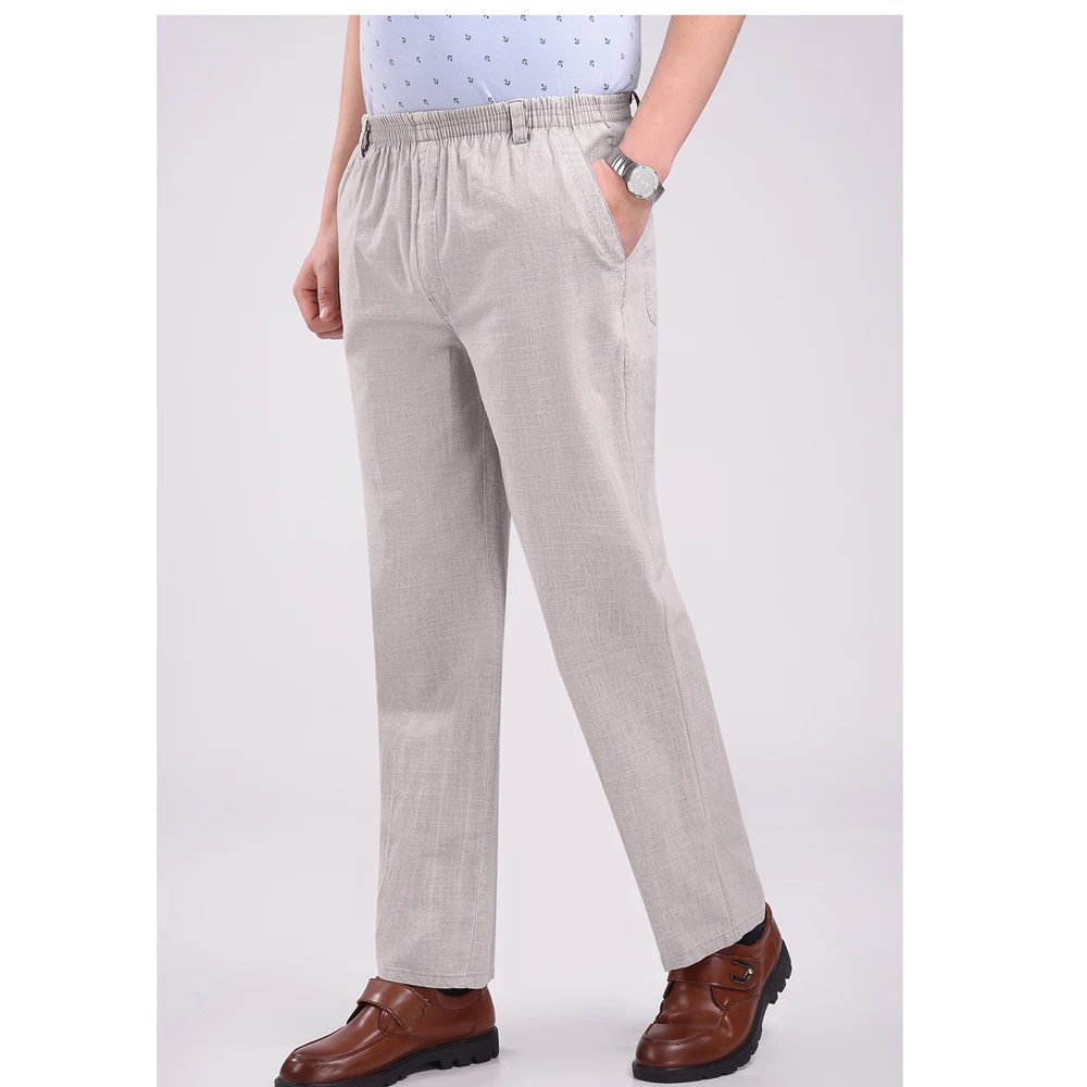 Fashion 2022 Summer Casual Loose Elastic Waist Old Men Linen Elderly High Waist Straight Dad Grandpa Slacks Fat Trousers