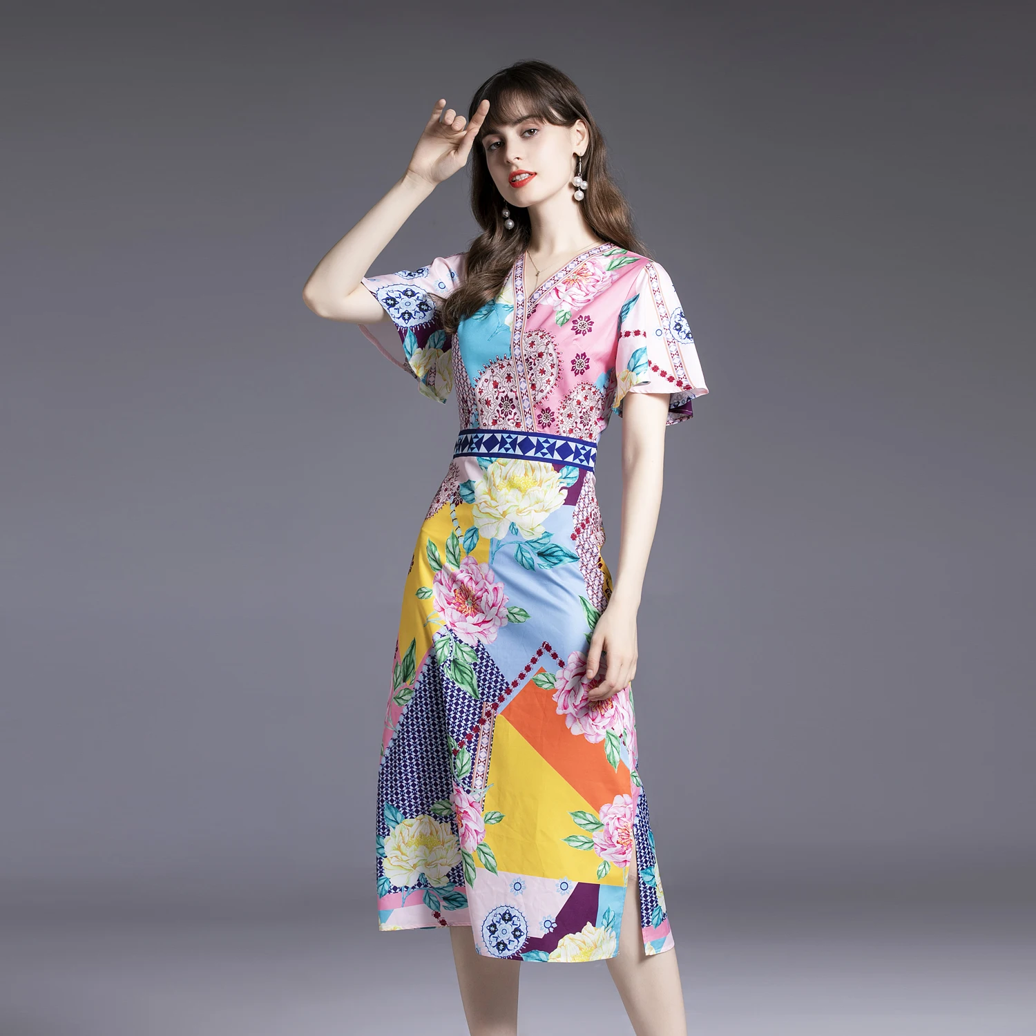 

WTIANYUW 2022 New Runway Designer Elegant Vintage Summer Women Fashion Chic Print Flare Sleeve V Neck Holiday Dress