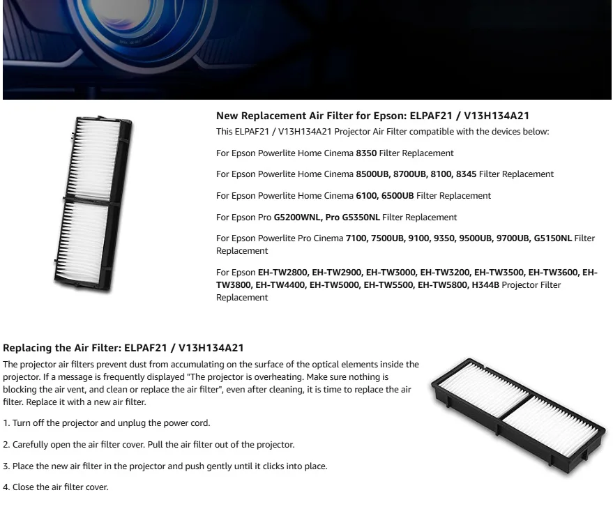 Фото Сменный воздушный фильтр ELPAF21 для проектора EPSON Home Cinema 8350 8345 8500UB 8700UB 6100 6500UB 8100 7100 7500UB проектор №4