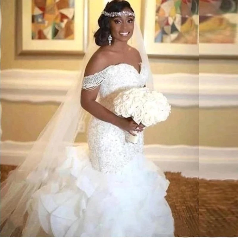

ANGELSBRIDEP African Mermaid Wedding Dresses Ruffles Off-Shoulder Capped Beading Sequins Robe De Mariee Bridal Gowns Skirt