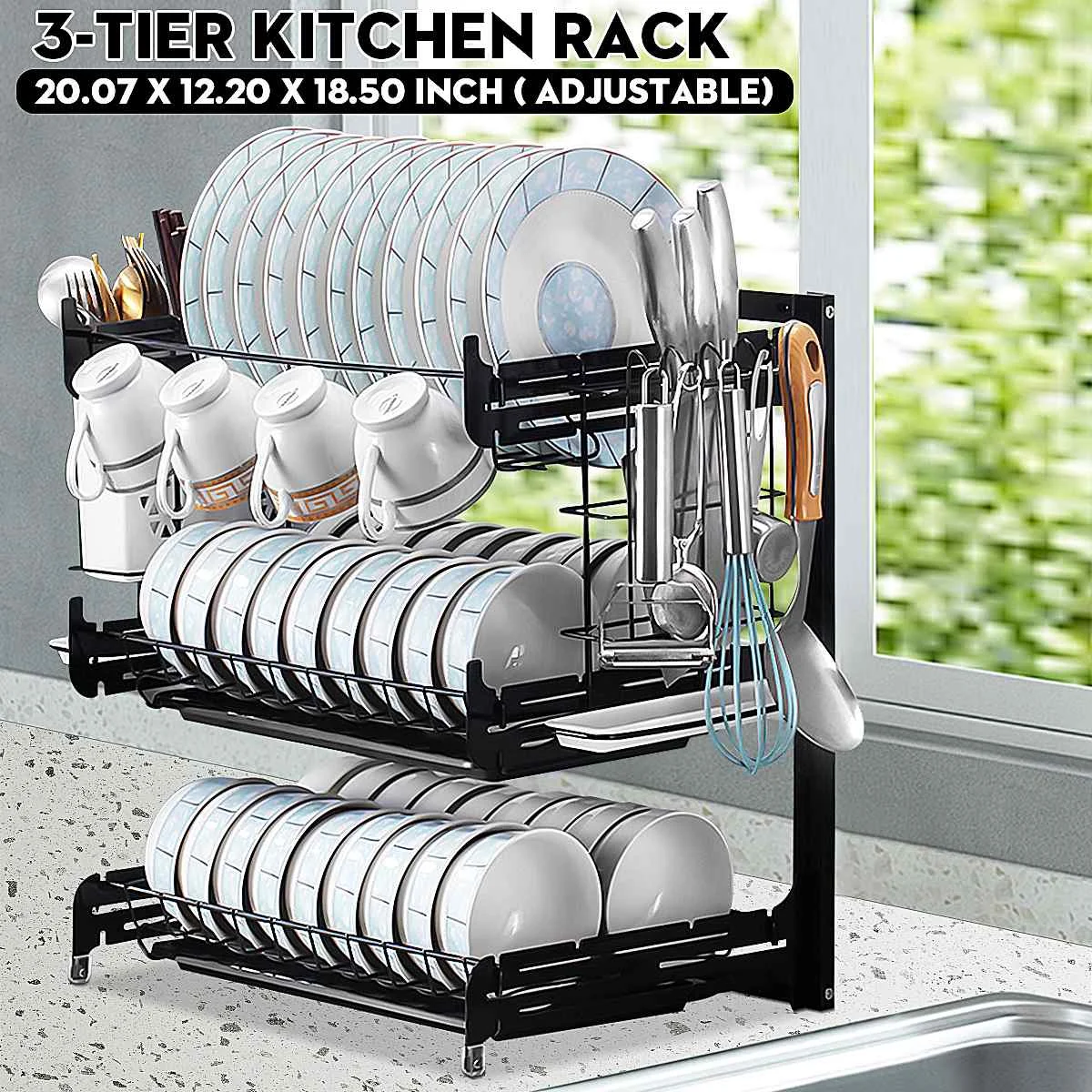 

GEMITTO Organizer Stand Sink Drain Drainboard 3 Tiers Dish Drying Rack Drainer Plate Holder Storage Shelf Kitchen Stainless
